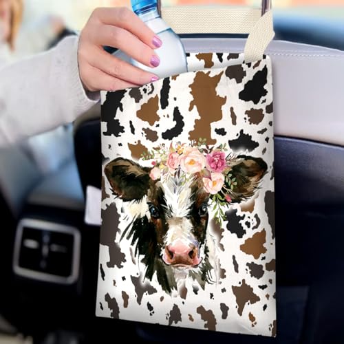 Image of IRADA Car Trash Bag Hanging No Snap Small Garbage Bag for Car Back Seat Cute Printed One-Handed Strap Trash Bags Car Accessories-Cow Car Trash Bags