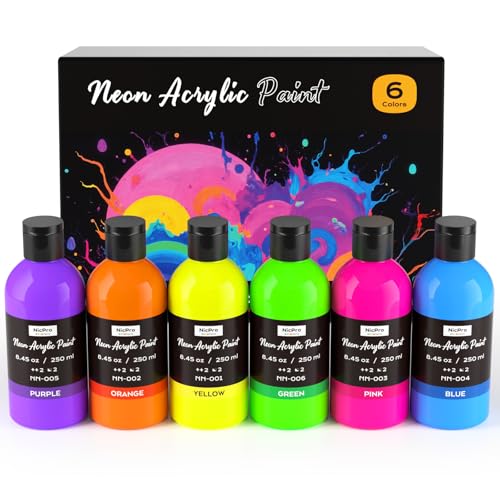 Nicpro 6 Colors Fluorescent Acrylic Paint Set (8.45 oz) Glow in the Black Light Non-Toxic & Vibrant Neon Paint for Neon Party Decoration DIY Project on Multi-Surface Canvas Rock Wood Craft