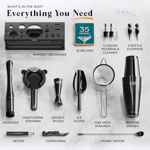 BARE BARREL® Mixology Bartender Kit Bar Set | 16-Piece Cocktail Shaker Set | Martini Barware Mixing Tools for Home Bartending | Incl. 35 Recipe Cards | Gift Set (28oz Boston Shaker, Jet Black/Black) - Image 5