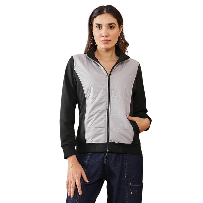 pinacolada Women's Cloud Grey & Onyx Black Zip-Front Block Jacket For Casual Wear | High Neck | Long Cuffed Sleeves | Zipper Closure | Jacket Crafted With Comfort Fit For Everyday Wear-picture-37