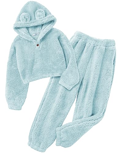 Image of Arshiner Girls 2 Piece Outfits Sweatsuit Fuzzy Long Sleeve Bear Ear Hoodie Sweatshirt and Sweatpant Kids Clothing Sets