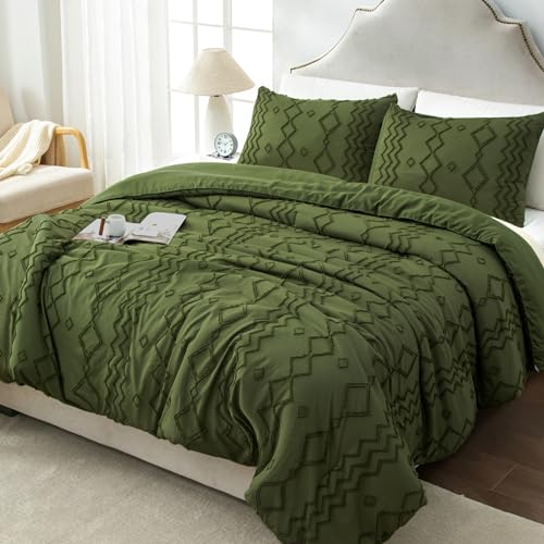 Image of Andency Olive Green Tufted Comforter Set King(104x90Inch), 3 Pieces Boho Textured Farmhouse Bed, Soft Down Alternative Geometric Bed Set with 2 Pillowcases