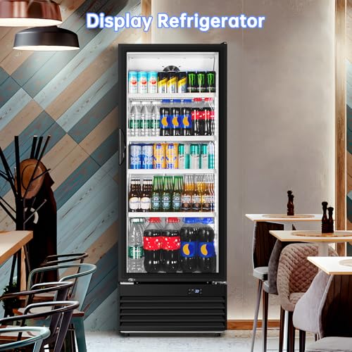 Commercial Beverage Refrigerator, 24.5 Inch 15 Cu. Ft. Drink Fridge, Display Refrigerator with Glass Door, Commercial Display Fridge with 4 Adjustable Shelves, for Shops, Restaurants, Bars