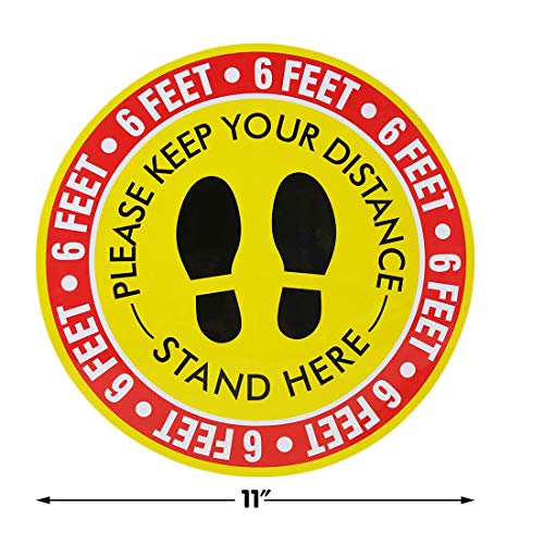 COPACHI Social Distancing Floor Decal Stickers, 6 Feet Notice Floor Sign for Queues, Lines, Anti-Slip Floor Sign Marker, Commercial Grade, 11\" Round (Yellow-Red, 5Pack)
