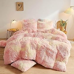Funda Nordica Pelo Primark Sacebeleu Ropa de Cama de Invierno de 135 x 200 cm de Felpa de Pelo Largo de Franela mullida, Funda nórdica de Invierno Rosa y Amarillo, Ropa de Cama cálida y 1 Funda de Almohada de 80 x 80 cm con
