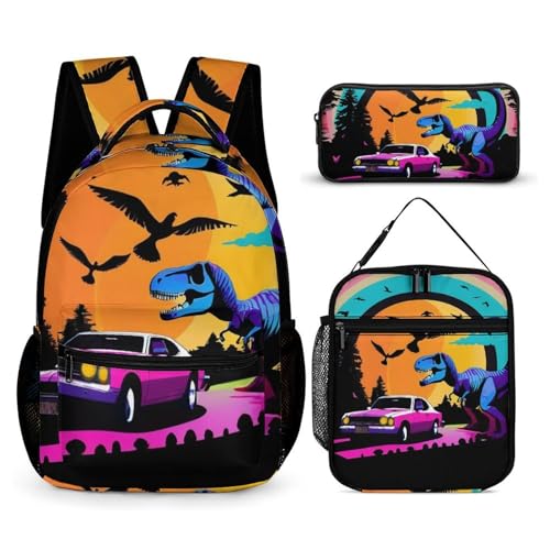 Bookbag Set Daypack with Lunch Box Makeup Bags Shoulder Bags with Lunch Bag Cosmetic Bag Colorful Dinosaurs Cool Full Moon World (3) Backpack Set