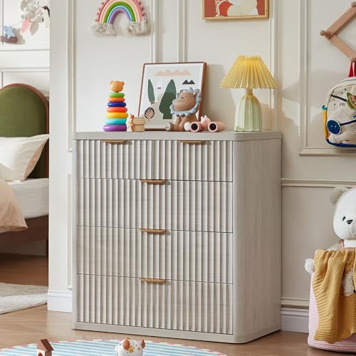 Image of LEYAOYAO Fluted 5 Drawers Dresser for Bedroom Set of 2, 34 inch Tall Modern Chest of Drawers with Metal Handle, Curved Profile Design,Wood Drawer Organizer for Bedroom, Living Room, Hallway,Lightgrey