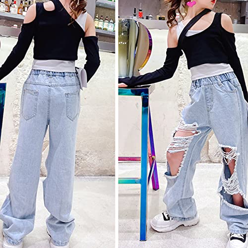 Kids Girls High Waist Ripped Wide Leg Jeans Denim Distressed Pants Casual Loose Trousers Hip Hop Jazz Streetwear3