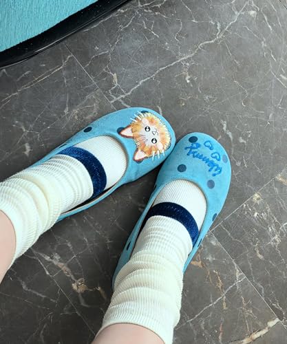 BB BEROBELLO Cute Cat Design Ballet Flats, Polka Dot Pattern Mary Jane Shoes, Velvet Strap, 3 Colors Available4