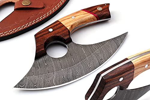 alaskan bush knife - Bushcraft Custom Handmade Damascus Steel Ulu Knife - Best Alaskan Damascus Ulu Knife With Sheath - Multi-Purpose Damascus Knives For Skinning, Hunting, Chopping, (Rose Wood & Olive)