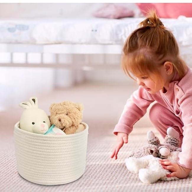 Woven Cotton Storage Baskets - 3-Pack Round Bins (10x10x7'') for Shelves, Closets & Bookcases | Durable Rope Organizers for Nursery, Baby, Toys, Easter & More (white)