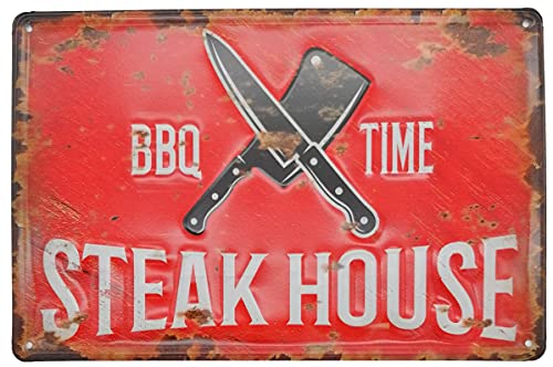Steakhouse BBQ Plaque murale en métal rétro en relief pour porte de cuisine 30 x 20 cm