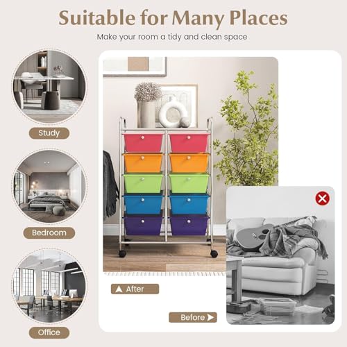 Image of LDAILY 10 Drawer Rolling Cart, Storage Cart Organizer on Wheels, Drawer Cart with Metal Frame & Large Storage Capacity, Rolling Cart with Drawers for Living Room Classroom, Office
