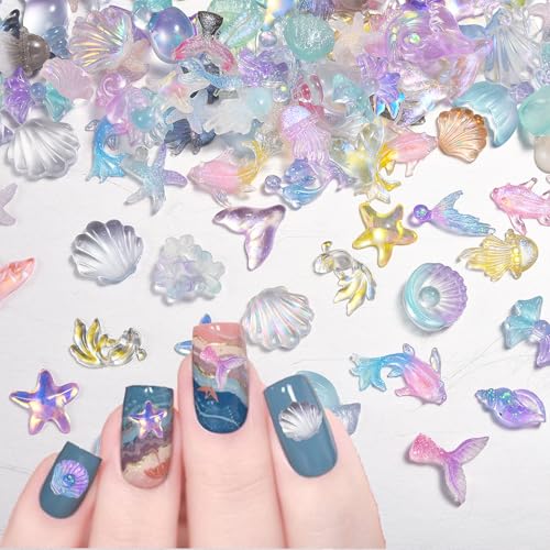Ginhkok ネイルパーツ 夏 海の生き物 約200個 ヒトデ イルカ クラゲ 人魚 貝殻 魚の尾 海系 3D 可愛い 立体 マルチカラー ランダム形 ストーン クリア オーロラ DIY 手作り レジン パーツ
