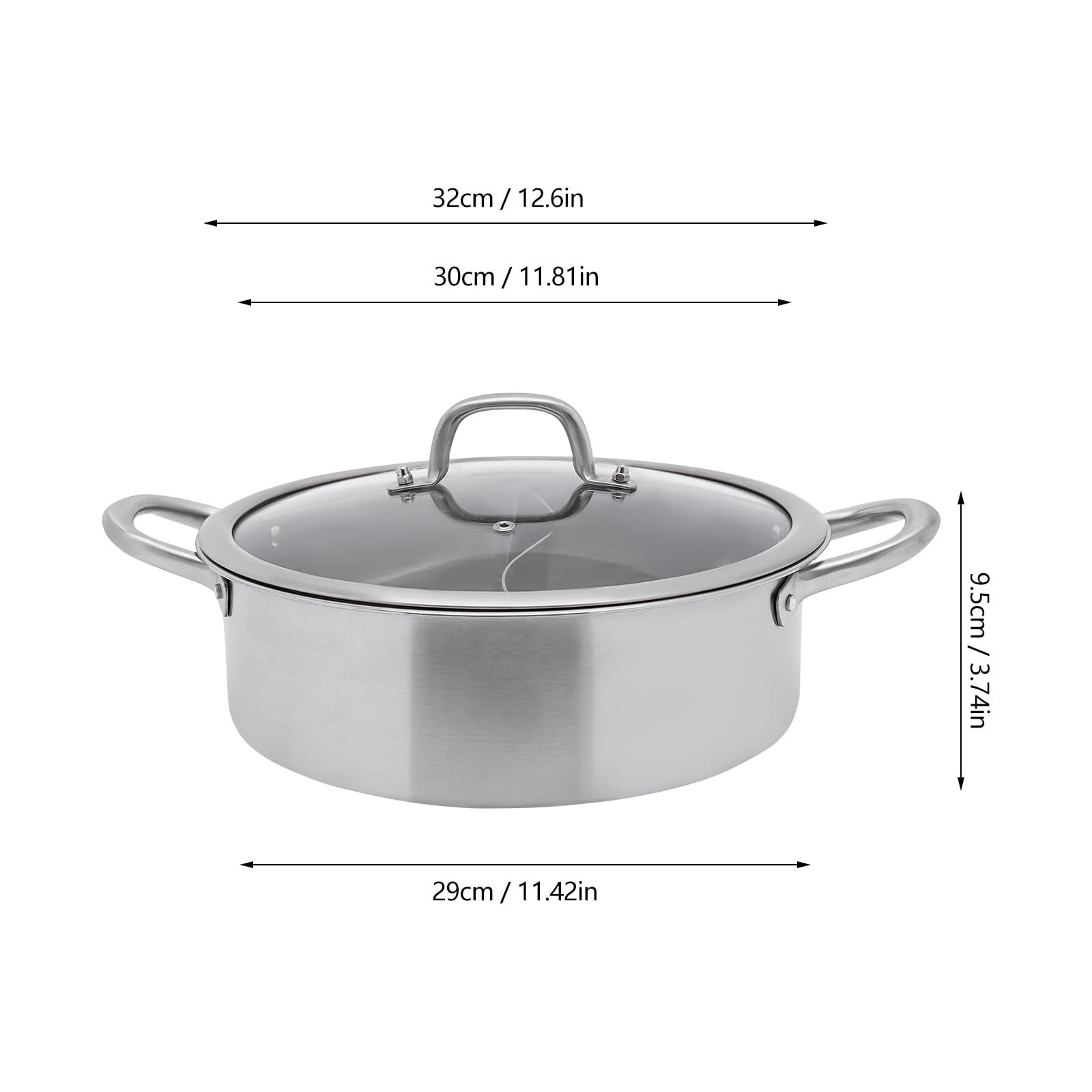 Hot Pot, 28cm/32cm Double Separation Shabu Stainless Steel Glass Lid Brazier with 2 Chambers Mandarin Pot Mini Portable Window Cooker Multicooker (28cm with Soup Spoon Strainer