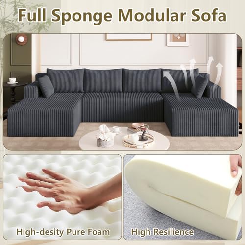Image of 124 inch Modular Sectional Sleeper Sofa, Boneless Cloud Couch for Living Room, U Shaped 3 Seat Sofa with Deep Seat, Free Combination, Couch in a Box, No Assembly Required (Dark Grey)