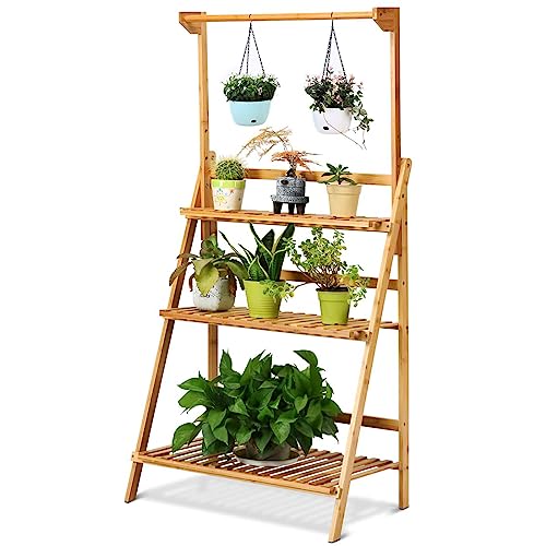 COSTWAY Pflanzenregal mit höhenverstellbarer Hängestange, Pflanzenleiter...