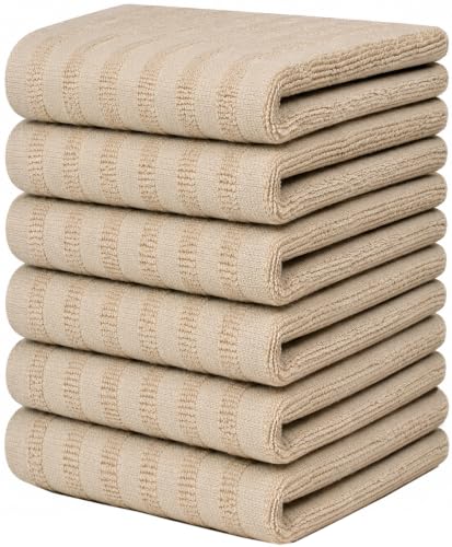 Image of Premium Kitchen Towels (20 inchx 28 inch, 6 Pack) | Large Cotton Dish Towels 450 GSM | Highly Absorbent Terry Kitchen Linen Set with Hanging Loop | Tan Solid