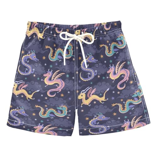 Boys Swim Trunks Quick Dry Cartoon Dragon Beach Board Shorts with Mesh Lining Youth Swimwear 2-12T