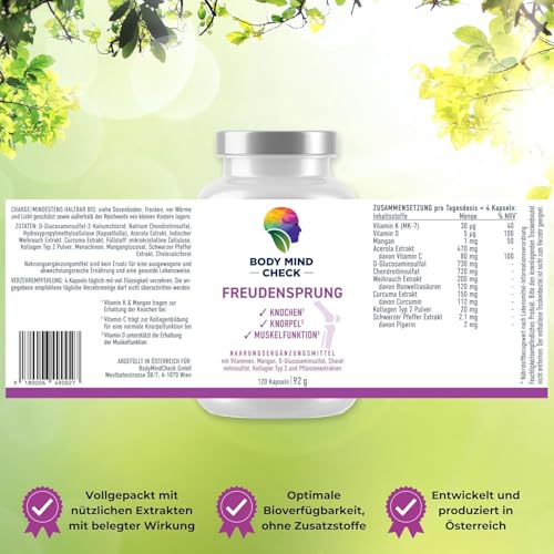 FREUDENSPRUNG natürliche Gelenkkapseln für Beweglichkeit, gesunde Knochen, Gelenke & Knorpel, 120 Gelenk Komplex Kapseln mit Glucosamin, Kollagen, Mangan, Kurkuma, Weihrauch, Vitamin D uvm.