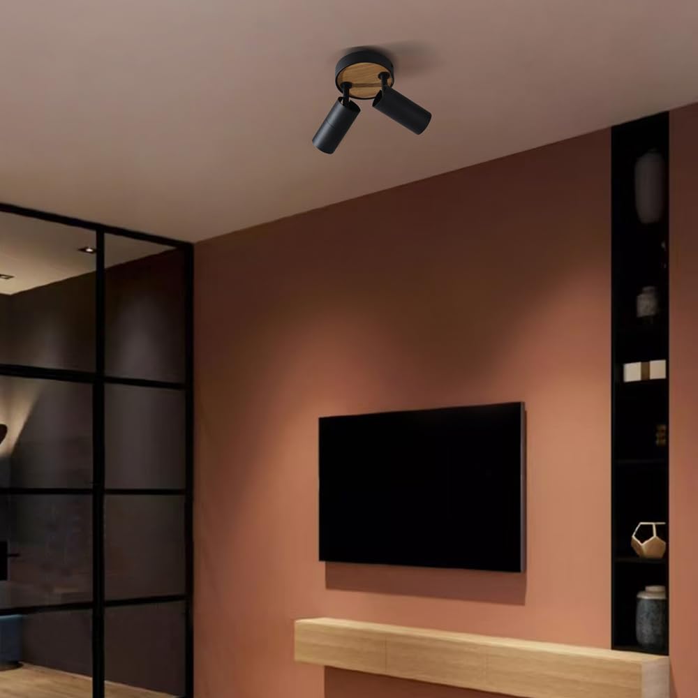 Lot De 2 Petits Plafonniers Orientables GU10 - Ouglres - Design Bois Noir Et Métal - Moderne, Pour Salon, Couloir