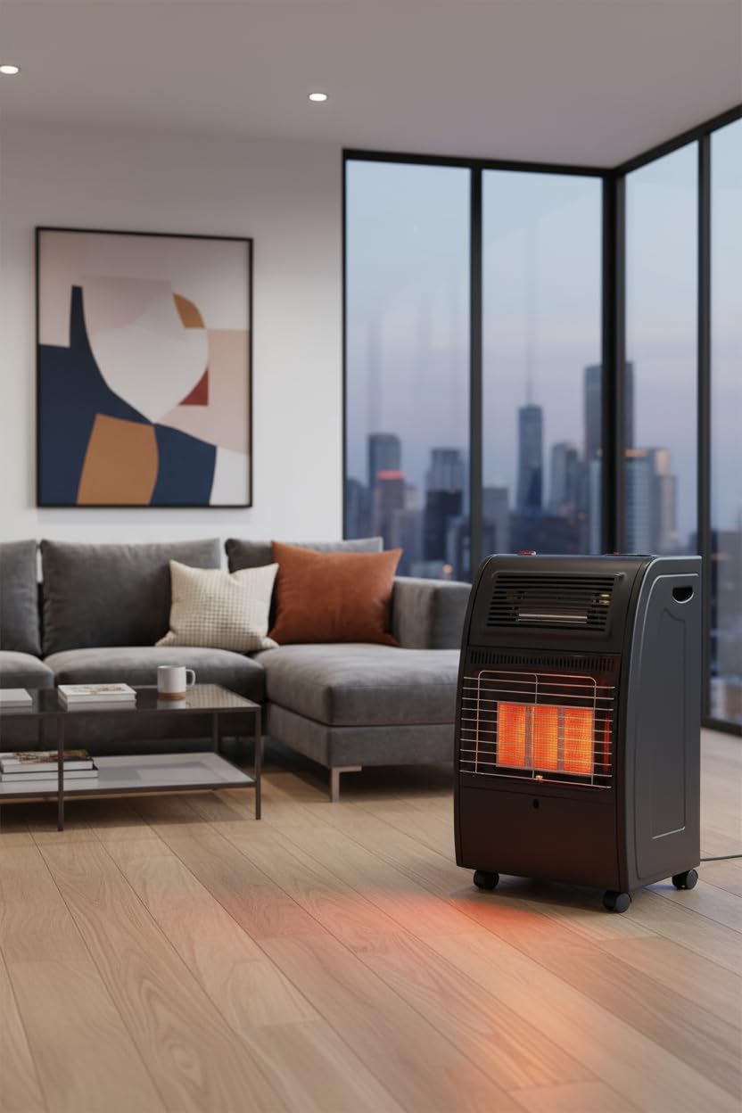 Stufa Catalitica a Gas GPL 4200 W Con Infrarossi Ventilata Turbo 1500 W Per Ambienti Fino A 80 m² 3 Livelli di Potenza Sicura con ODS & FFD Antiribaltamento Con Ruote 72 x 36 x 42 Cm Nero Opaco