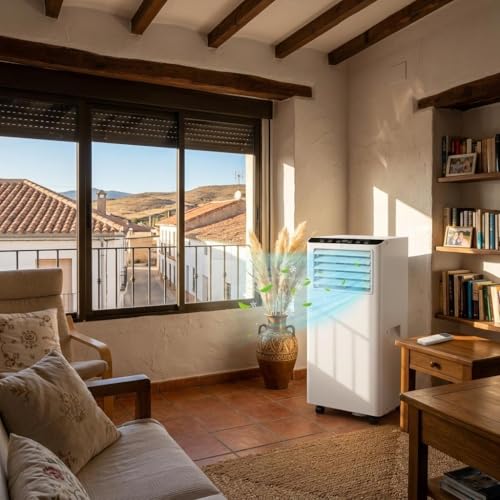 GarveeMore Aire Acondicionado Portátil 9000 BTU, 3 en 1, Clase A, 2.6 kW, Deshumidificador 0.54 L/h, Silencioso 51dB, 27.9-37.2 m², con Kit Ventana, Blanco