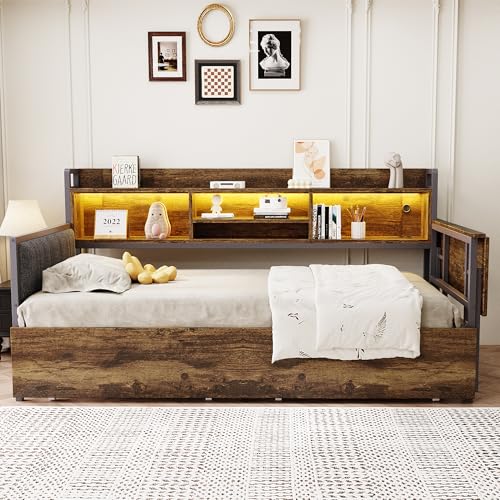 Cama Nido 90x200 con cajones y Estante Superior, luz LED Control móvil por QR, Toma multifunción, Mesa abatible extraíble y Respaldo Acolchado, Cama Sofa, Cama compacta, para Dormitorio