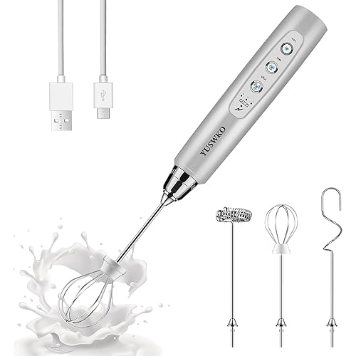 YUSWKO Rechargeable Milk Frother Handheld with 3 Heads, Silver Coffee Electric Whisk Drink Foam Mixer, Mini Hand Stirrer with 3 Speeds Adjustable for Latte, Cappuccino, Hot Chocolate, Egg