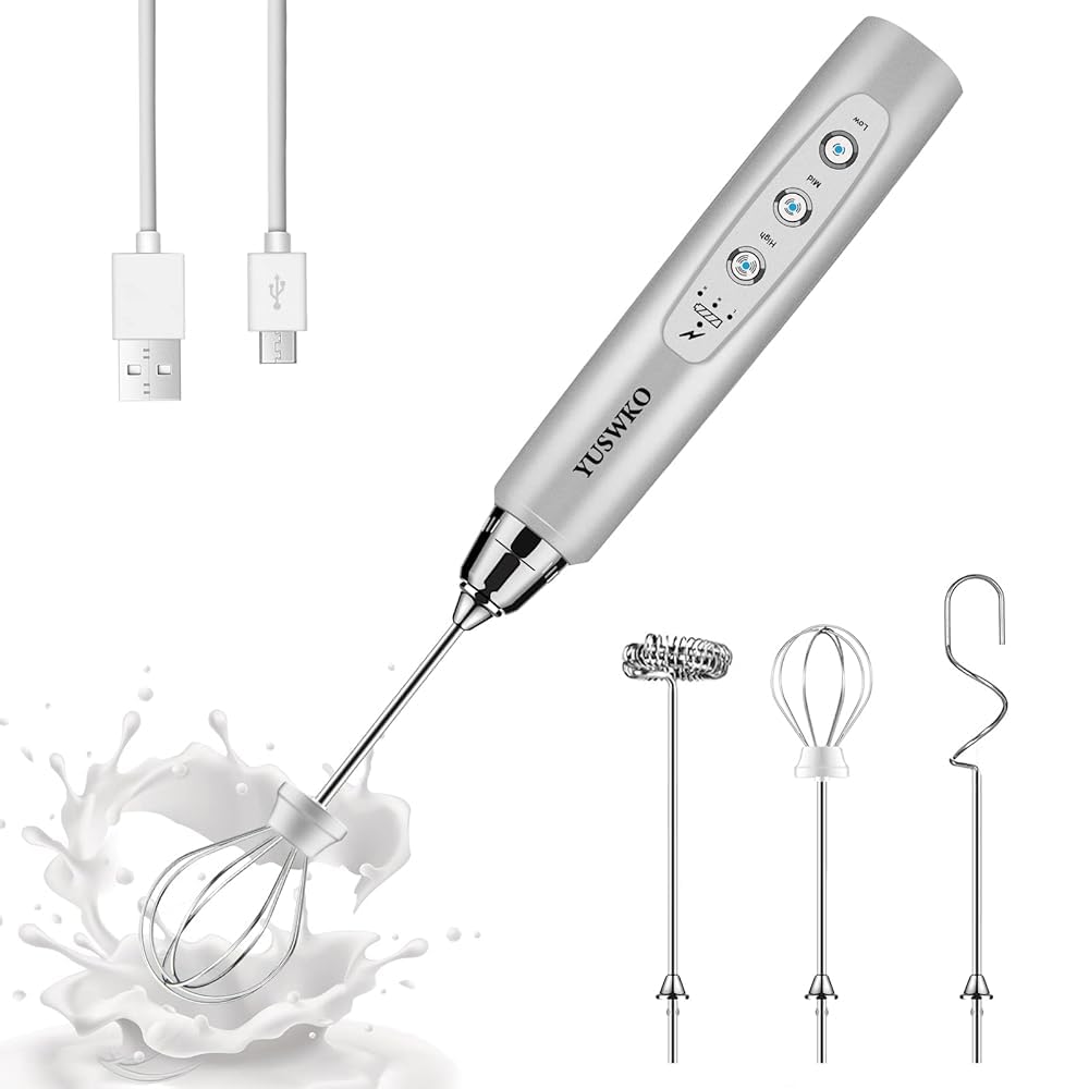 YUSWKO Rechargeable Milk Frother Handheld with 3 Heads Silver Coffee Electric Whisk Drink Foam Mixer Mini Hand Stirrer