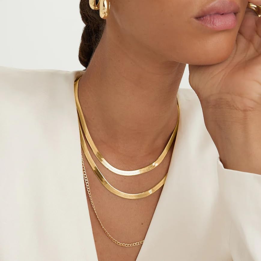 WomenGifts 14K Gold Silver Plated Herringbone Necklace for Women, Dainty Snake Chain Choker, Trendy Simple Long Layered Jewelry Non Tarnish, 3/4/5/8mm,14,16,18,20,22,24,26 Inch Thin & Chunky Options - Image 5