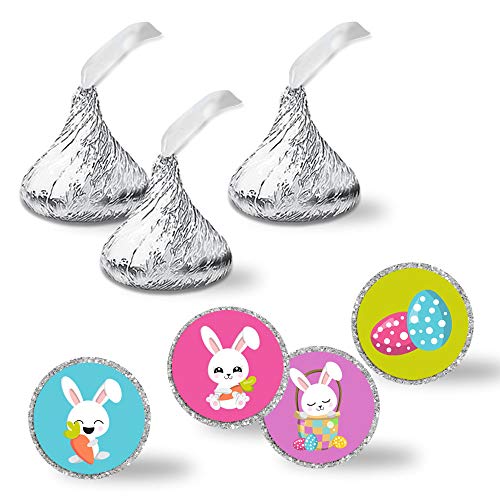 Cute Bunnies and Easter Eggs Kiss Sticker Labels 300 Pack 0.75" Party Circle Stickers, Adorable Spring Bunny and Egg Themed Kiss Labels for Easter Party Favors and Goodie Bags by Amanda Creation