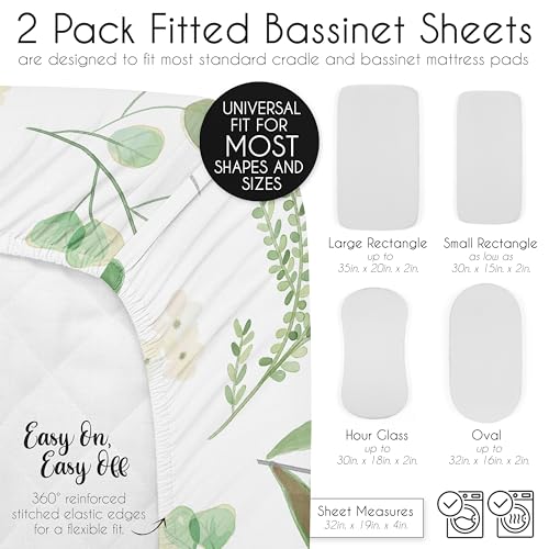 Image of Sweet Jojo Designs Boho Floral Leaf Boy Girl Unisex /Gender Neutral Baby Bassinet Sheets Fitted Sheet Set Infant Newborn Nursery Oval Rectangle Hourglass Mattress 2p White Green Bohemian Watercolor