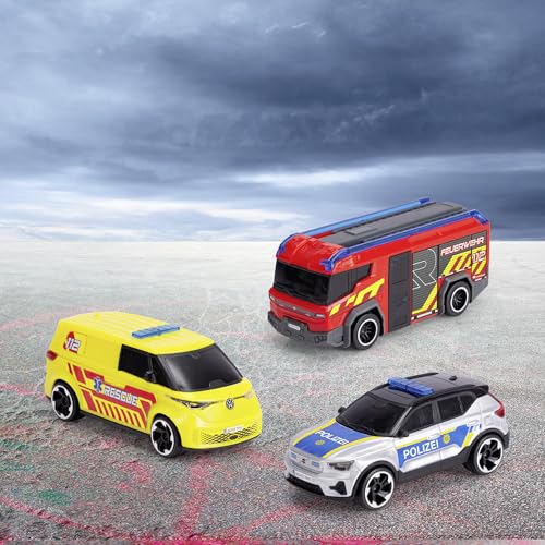 Dickie Toys - SOS-Team Spielzeugautos (je 15 cm) - 3er-Set Autos mit Freilauf für Kinder ab 3 Jahre, Volvo EX40 Polizeiauto, VW ID. Buzz Krankenwagen & Rosenbauer Penta Feuerwehrauto
