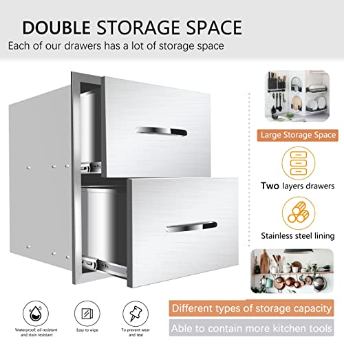 Image of Outdoor Kitchen Double Drawers 14 inch W x 15 inch H x 23 inch D Inches BBQ Drawer Stainless Steel Access Drawers with Exquisite Handle for Outdoor Kitchen Island or Grill Station