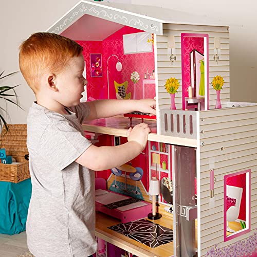 boppi Großes 3-stöckiges Puppenhaus aus Holz mit 10 Möbeln Spielzubehör und 2 Standaufzügen – Bild 8