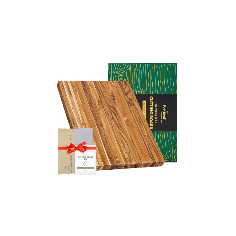 BEEFURNI-Teak-Wood-Cutting-Board-with-Hand-Grip-Wooden-Cutting-Board-for-Kitchen-Reversible-Butcher-Block-Charcuterie-Boards-Kitchen-Gifts-1-Year-Warranty-Free-Maintenance-Kit-L-22x16x125 BEEFURNI Teak Wood Cutting Board with Hand Grip (L, 22x16x1.25"), Large Wooden Cutting Boards for Kitchen, Reversible Butcher Block, Charcuterie Boards, Christmas Gifts, 1-Year Manufacturer Warranty