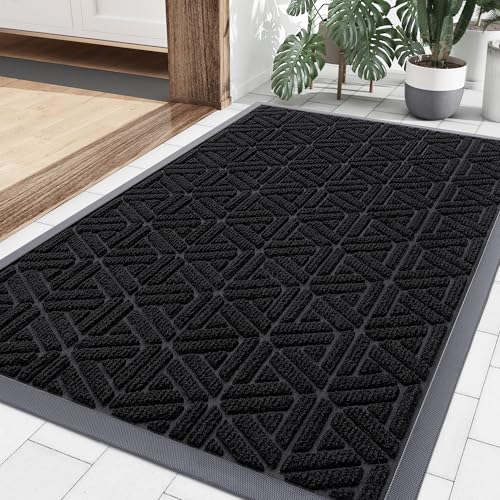 Smiry Front Door Mat Outside Entrance, Heavy Duty Natural Rubber Doormat, Trap Dirt and Moisture Easy Clean Low Profile Patio Porch Welcome Floor Mats for Entry, 36x24 Inch, Black
