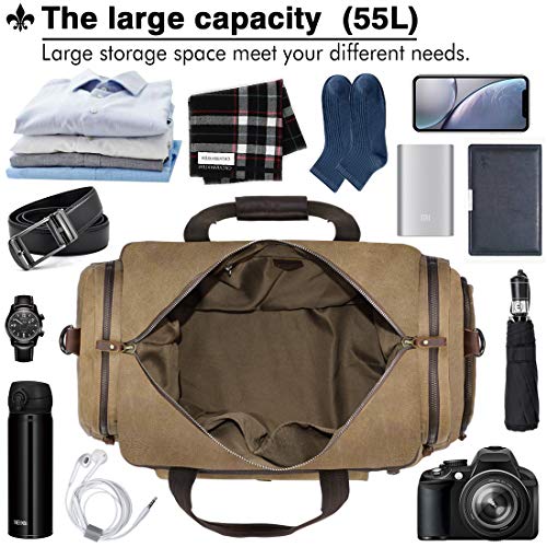Travel Duffel Bag Waterproof Duffle Bags for Men Oversized Genuine Leather Carryon Weekend bag Canvas Overnight Bag Brown