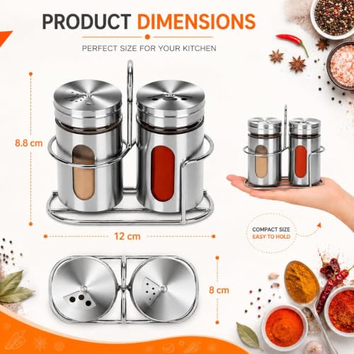 Image of Stainless Steel & Glass Salt Pepper Shaker Spice Jars with Stand for Oregano, Chilli Flakes, Sugar, Seasoning Sprinkler | Dining Table Masala with Stand (Set of 2)