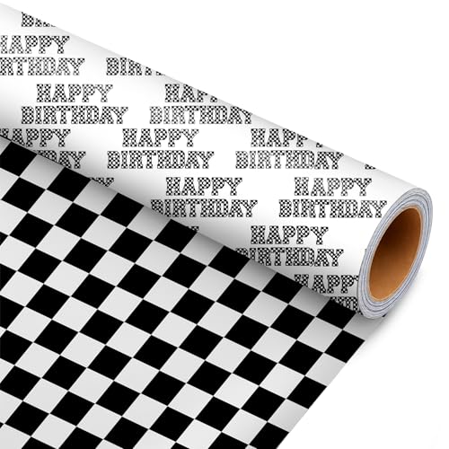 Cuitpan Reversible Birthday Wrapping Paper Checkered Happy Birthday Text & Black White Checkerboard Gift Wrap for Men Racing Theme Design Birthday Party 17 x 16.5ft