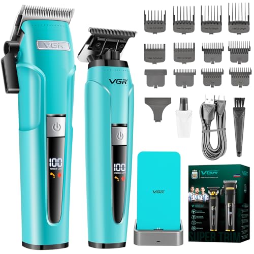VGR 694 S2 Maquina Cortar Pelo Profesional Set, Inalámbrica Cortadora de Pelo Hombre Set con Base de Carga Magnética, Cortapelos Hombre Kit con Cuchillas De Cerámica y Pantalla LED, Verde