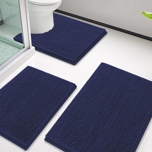 Image of Smiry Bathroom Rugs Sets 3 Piece, Soft Absorbent Chenille Bath Mat and U-Shaped Contour Toilet Rug, Machine Wash Dry Bath Mat Sets for Bathroom Tub and Floor (30 inchx20 inch+24 inchx16 inch+24 inchx20 inch, Navy Blue)