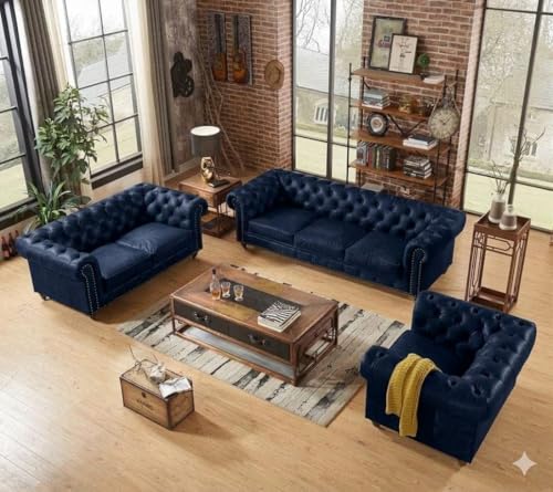 Image of Classic Leatherette Chester Sofa Set Button Tufted, Classic Style Sofa Set 3-Person Sofa for Living Room, Office, and Hallway Colour (Blue Leatherette, 3+2+1=6 Seater Sofa)