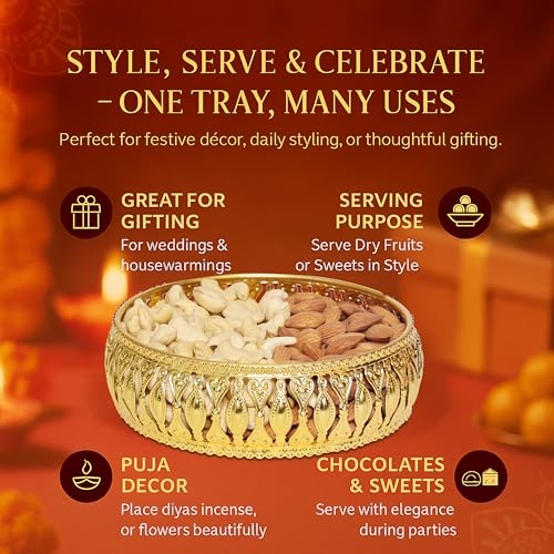 Image of Design Decor Gallery Round German Gold Plated Metal Tray Round Decorative Plate Gift for Decor Diwali Anniversary House Warming Wedding Birthday (Pack of 1) Size: 6x6 Inches, with Gift Box