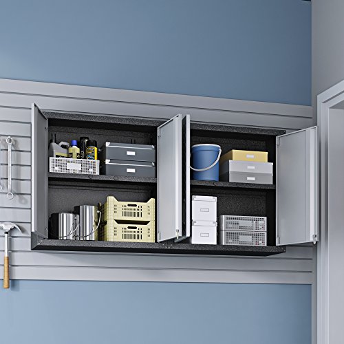 Image of Manhattan Comfort Fortress Collection Modern Designed 2 Piece Set Floating Storage Garage Cabinet Great For Tools and Supplies, 2 Pc Set, Stainless Steel