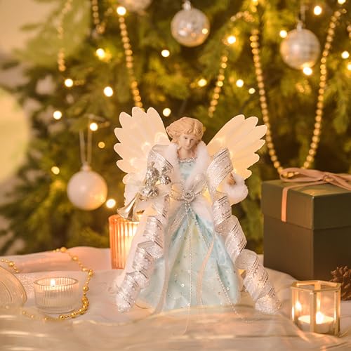 Valery Madelyn 27cm Engel Weihnachtsbaumspitze mit Feder Flügeln Christbaumspitze batteriebetriebe Bunte LED beleuchtete Baum-Spitzenengel… – Ansicht 2
