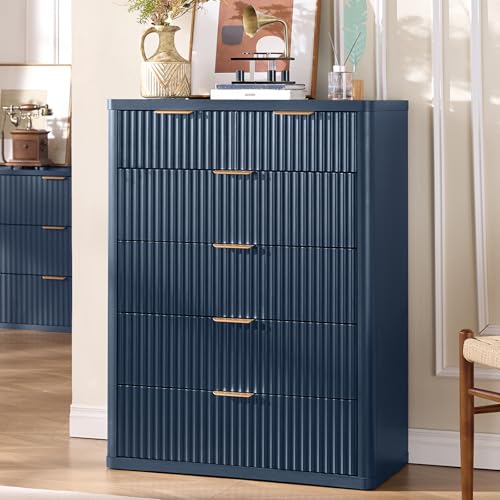 Image of LEYAOYAO Fluted 6 Drawers Dresser for Bedroom, 42 inch Tall Modern Chest of Drawers with Metal Handle, Curved Profile Design,Navy Blue Wood Drawer Organizer for Bedroom, Living Room, Hallway, Entryway