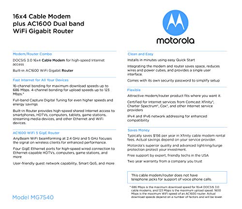 MOTOROLA MG7540 16x4 Cable Modem Plus AC1600 Dual Band Wi-Fi Gigabit Router with DFS, 686 Mbps Maximum DOCSIS 3.0… - Image 6