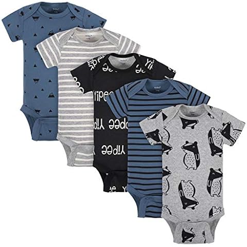 Grow by Gerber Baby Boys' Organic 5-Pack Short-Sleeve Onesies Bodysuits Footie, Black/White/Grey/Blue, 3-6 Months Cover